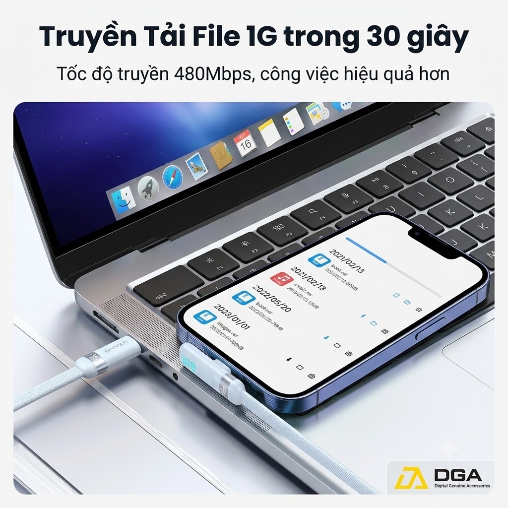 Cáp Sạc Nhanh C to Lightning USAMS SJ652 30W (Digital Display, 1.2m, 480Mbps, Right-angle cable)