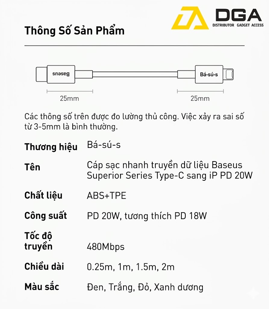 Cáp sạc nhanh iPhone C to Lightning Baseus Superior Series PD 20W truyền dữ liệu 480Mbps