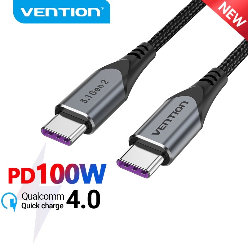 Cáp Type C (Thunderbolt) Kiêm Sạc Nhanh Vention Chuẩn USB C3.1 TAH (5A/100W, 10Gbps, 4K@60Hz, Cotton Braided, 1M)