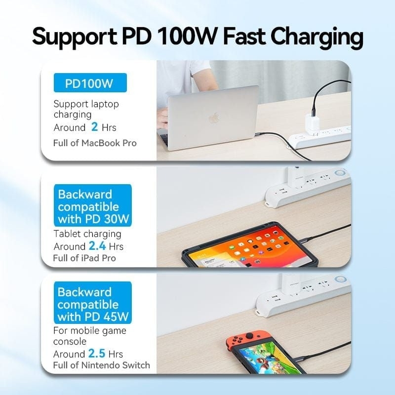 Cáp Type C (Thunderbolt) Kiêm Sạc Nhanh Vention Chuẩn USB C3.1 TAH (5A/100W, 10Gbps, 4K@60Hz, Cotton Braided, 1M)