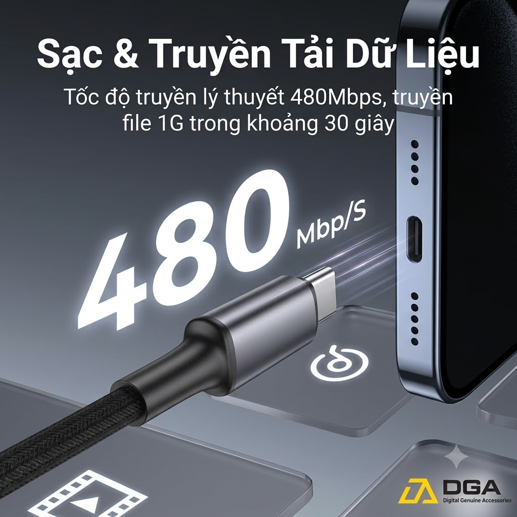 Cáp Sạc Usams SJ751 240W Type-C To Type-C 1.2m Đèn LED Sạc Laptop