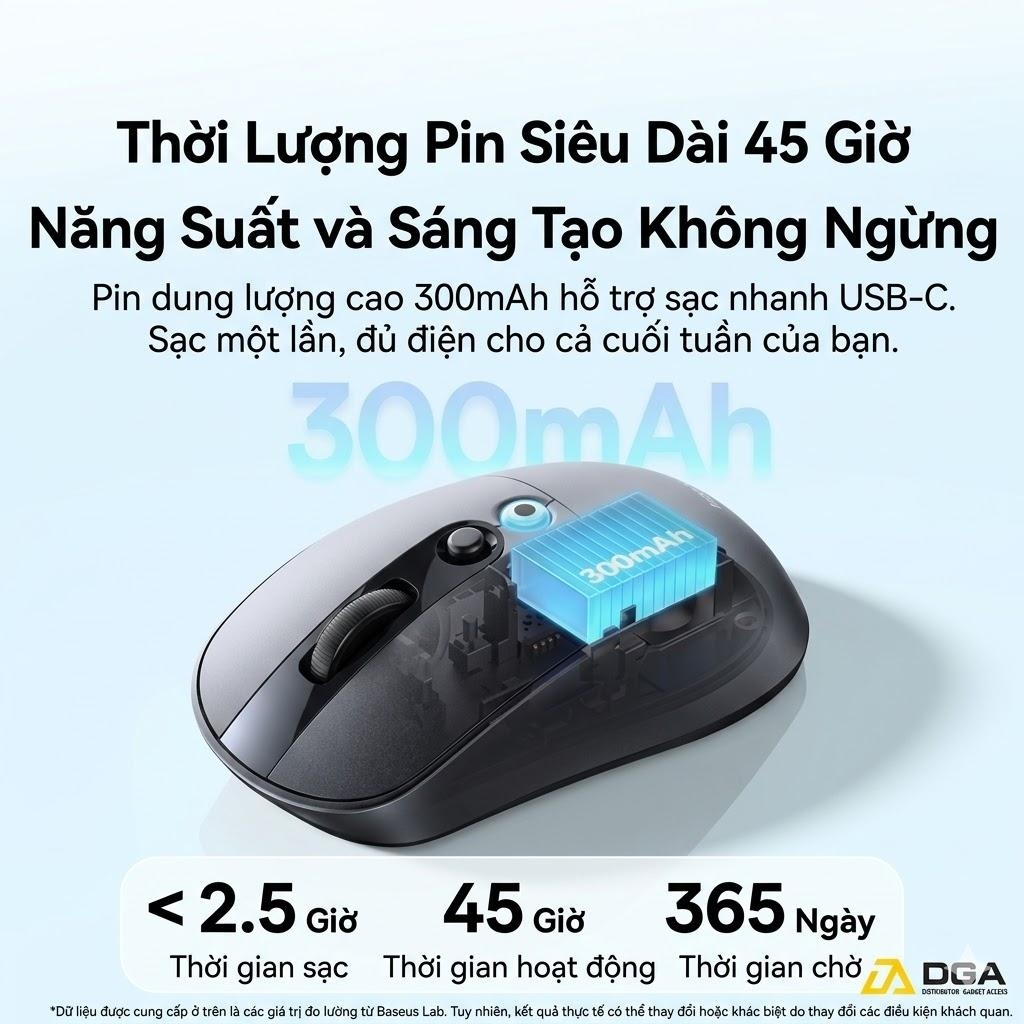 Chuột Không Dây Công Thái Học Baseus Editor EM2 (Bluetooth v5.3 & 2.4G Wireless Dual Mode, 45H, 4000 DPI, 300mAh, <30dB Quiet Clicking, Up to 250Hz Polling Rate)