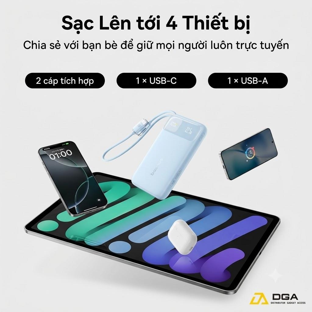 Pin dự phòng Baseus EnerFill FC11 Digital Display Power Bank with Dual Built-in Cables 10000mAh 22.5W Beige (E0027R0B) (CCC / 3C Certification)