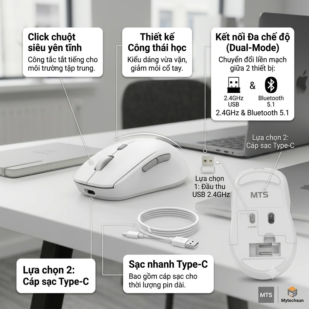 Chuột Không Dây Mytechsun MBW459 Silent: Chuột Bluetooth Dual Mode, Pin Sạc lên đến 30 Ngày