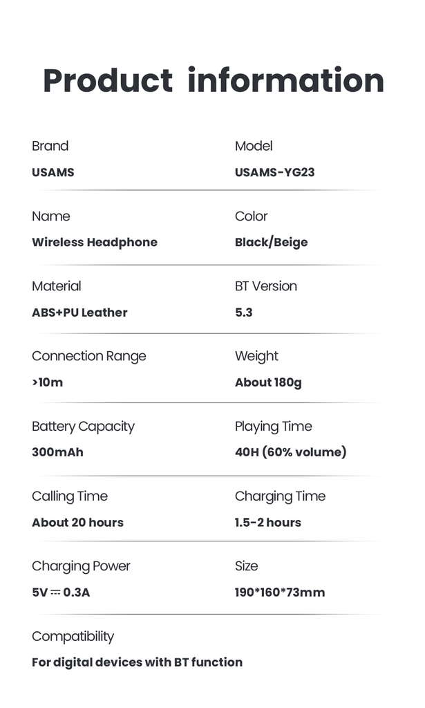 Tai Nghe Chụp Tai USAMS YG23 (Bluetooth v5.3, 300mAh, 40hrs, 3D Stereo Sound, HD calls, thumping bass, customized 3D stereo sound, immersive music listening)