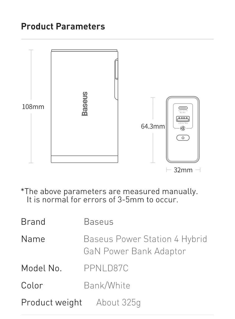 Sạc dự phòng tích hợp cóc sạc Baseus Power Station 4 Hybrid GaN công suất 10000mAh 87W  Power Bank Adaptor