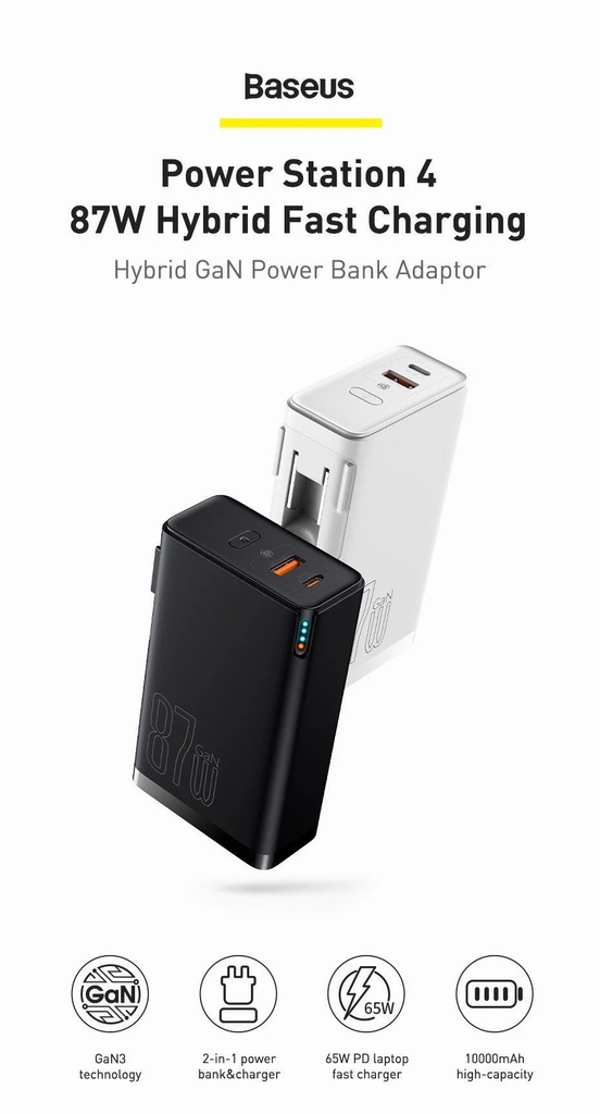 Sạc dự phòng tích hợp cóc sạc Baseus Power Station 4 Hybrid GaN công suất 10000mAh 87W  Power Bank Adaptor