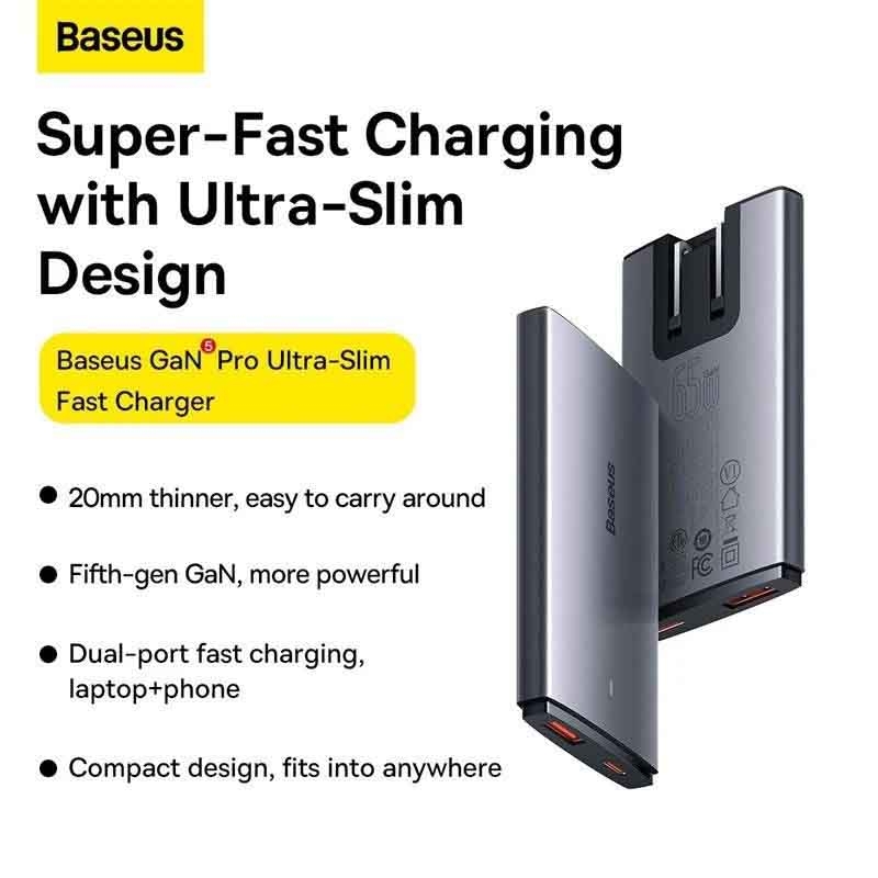 Củ sạc Baseus 65W GaN5 Pro Ultra-Slim siêu mỏng kèm cáp sạc 100W