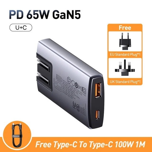 Củ sạc Baseus 65W GaN5 Pro Ultra-Slim siêu mỏng kèm cáp sạc 100W