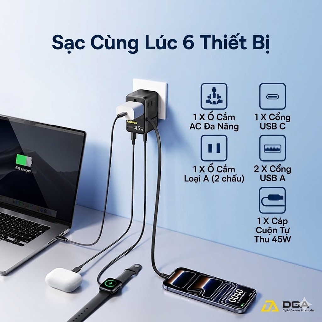 Củ Sạc Du Lịch Baseus PicoGo AG11 45W: Đa Năng 6-in-1, Tự Cuộn Dây
