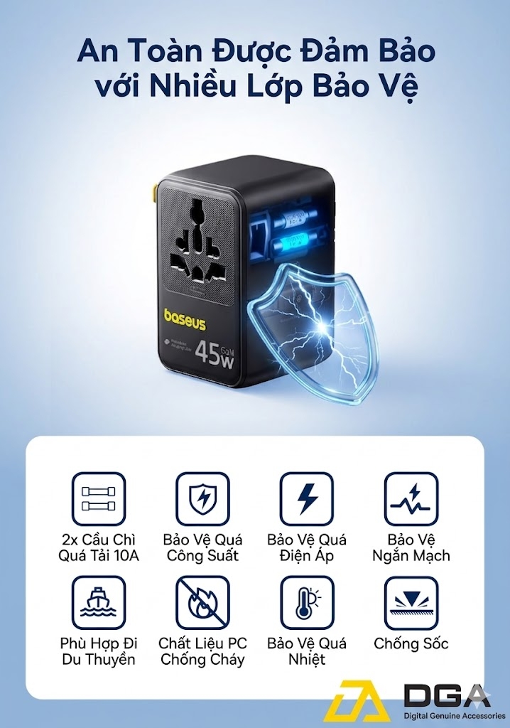 Củ Sạc Du Lịch Baseus PicoGo AG11 45W: Đa Năng 6-in-1, Tự Cuộn Dây