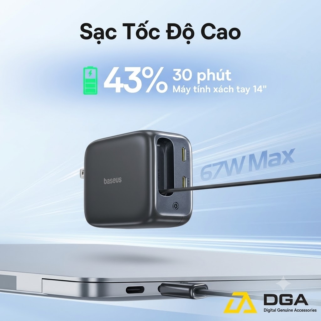 Củ Sạc Nhanh Baseus EnerCore CJ11 67W: Dây Rút Type-C 82cm Sạc Laptop Gọn Nhẹ