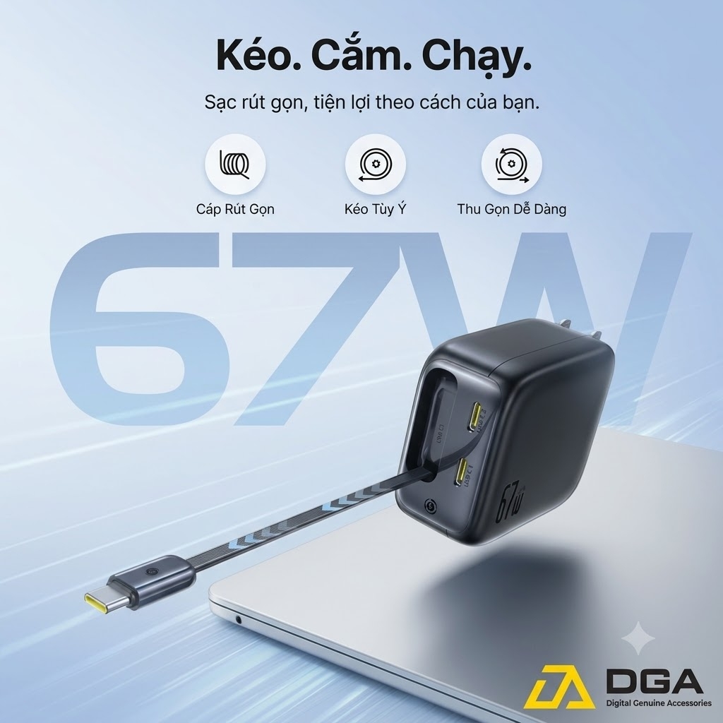 Củ Sạc Nhanh Baseus EnerCore CJ11 67W: Dây Rút Type-C 82cm Sạc Laptop Gọn Nhẹ