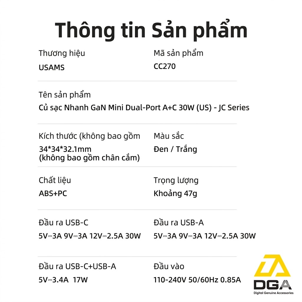 Củ Sạc Nhanh GaN 30W USAMS CC270: 2 Cổng Nhỏ Gọn, Quốc Dân