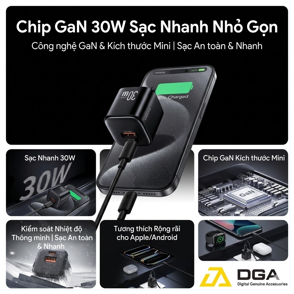 Củ Sạc Nhanh GaN 30W USAMS CC270: 2 Cổng Nhỏ Gọn, Quốc Dân