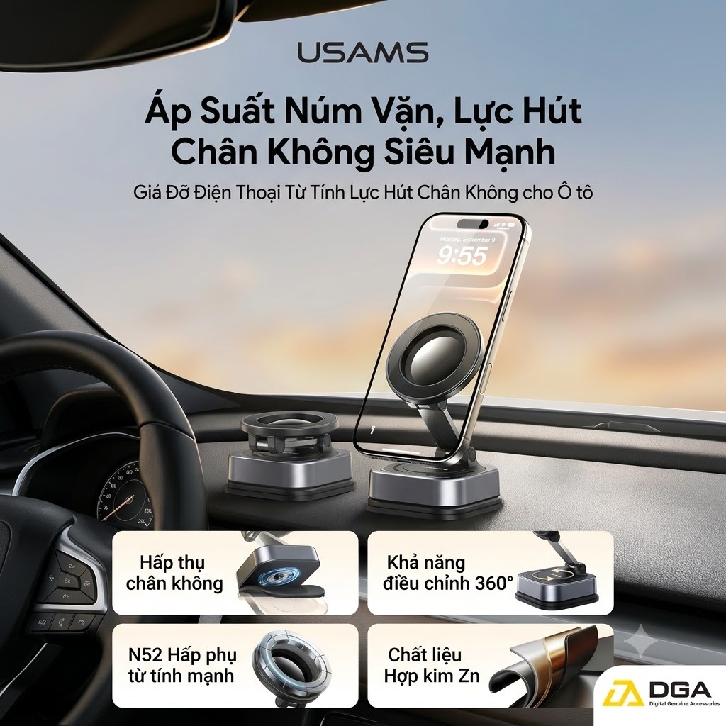 Đế Đỡ Điện Thoại Hút Chân Không + Từ Tính USAMS ZJ093 (3-Axis folding, N52 Strong magnetic adsorption, 720° Rotation)