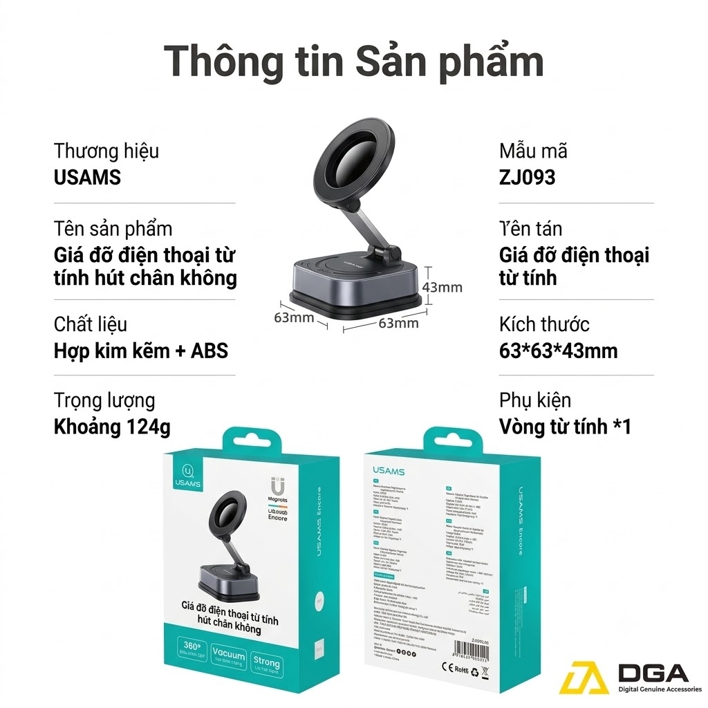 Đế Đỡ Điện Thoại Hút Chân Không + Từ Tính USAMS ZJ093 (3-Axis folding, N52 Strong magnetic adsorption, 720° Rotation)
