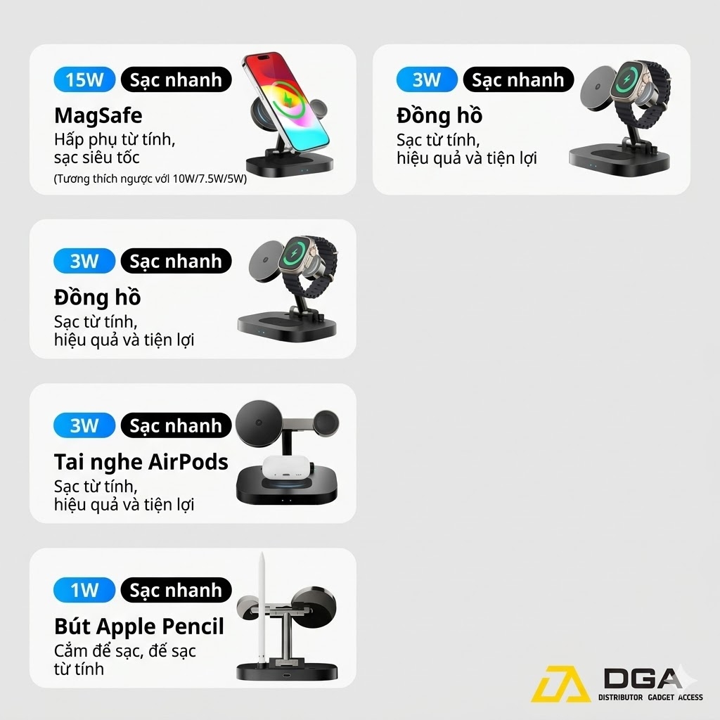 Đế Sạc Không Dây 4-in-1 15W ROCK W52 Multifunctional