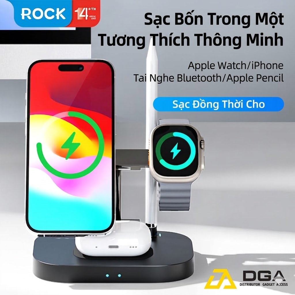 Đế Sạc Không Dây 4-in-1 15W ROCK W52 Multifunctional