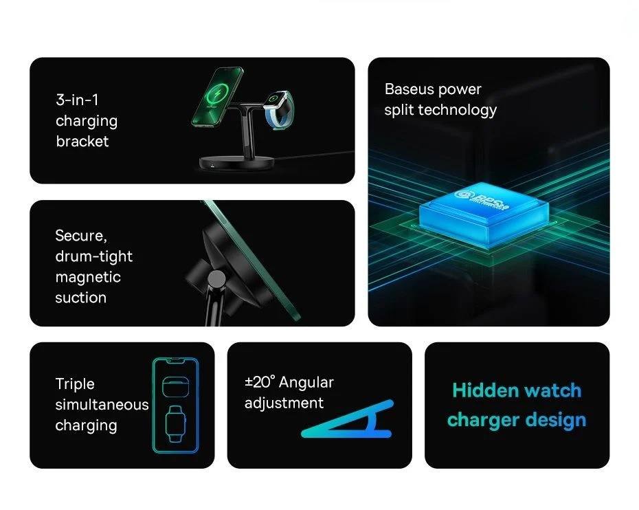 Đế Sạc Không Dây Từ Tính Thông Minh Baseus Swan 3-in-1 Wireless Magnetic Charging Bracket 20W Universal version