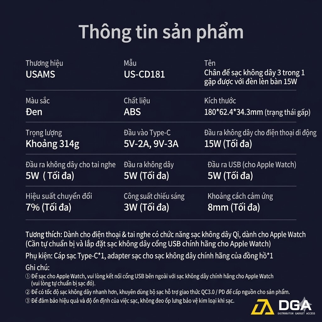 Đế sạc không dây USAMS CD181 15W 3in1