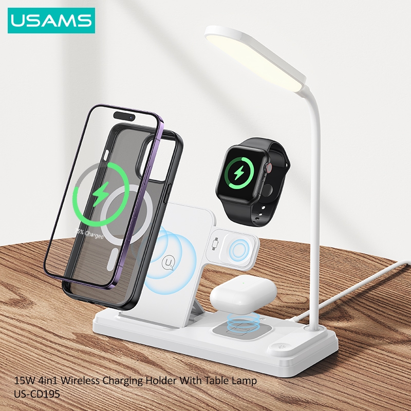 Đế sạc không dây USAMS CD195 15W 4in1 Wireless Charging Holder With Table Lamp tích hợp đèn bàn
