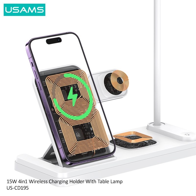 Đế sạc không dây USAMS CD195 15W 4in1 Wireless Charging Holder With Table Lamp tích hợp đèn bàn