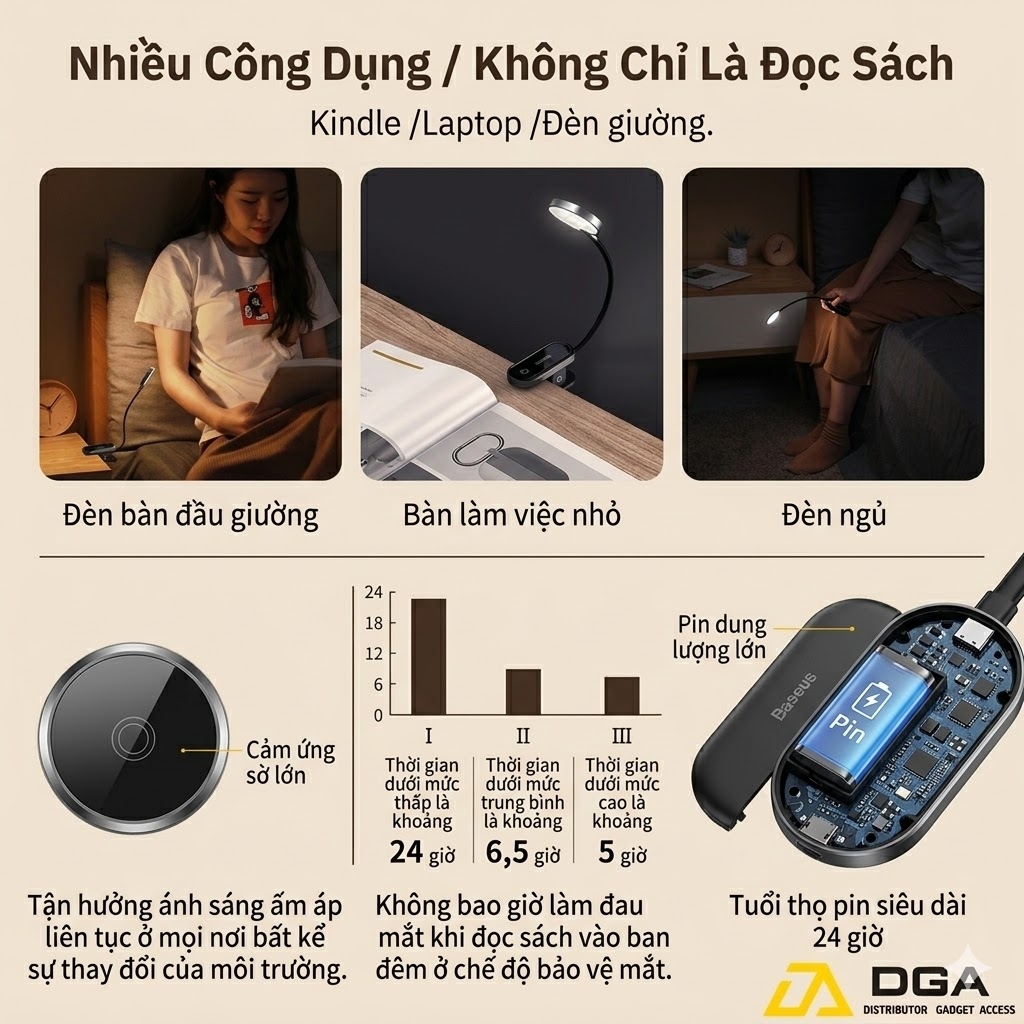 Đèn LED đọc sách kẹp bàn Baseus Comfort không dây cảm ứng pin sạc