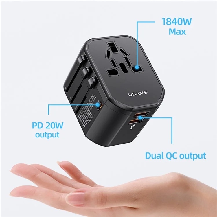 Củ sạc du lịch đa năng USAMS CC179 T59 20W Dual USB +Type-C Universal Travel Charger (US/AU/UK/EU) black ( CC179TC01 )