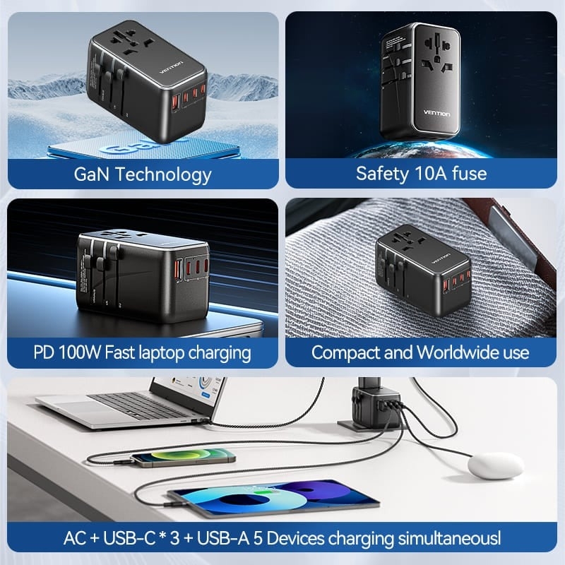 Bộ sạc du lịch Vention 4 cổng sạc C+C+C+A GaN 100W Universal Travel Adapter