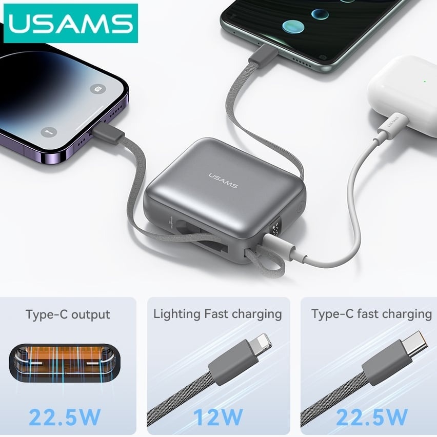 Pin Dự Phòng USAMS CD240 10000mAh 20W (Digital Display, With Dual Built-in C+Lightning Cable)