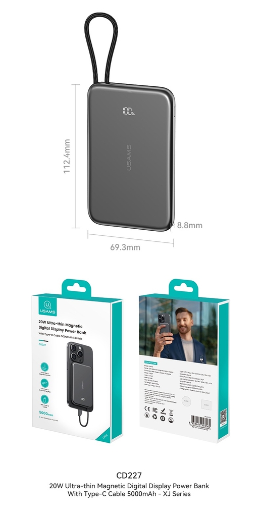 Pin sạc dự phòng USAMS CD227 20W Ultra-thin Magnetic Digital Display Power Bank With Type-C Cable - XJ Series 5000mAh