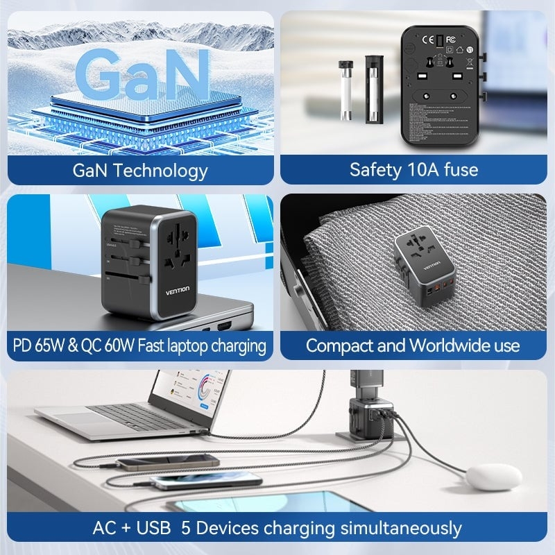Củ sạc du lịch Vention 4 cổng sạc C+C+A+A GaN 65W Universal Travel Adapter