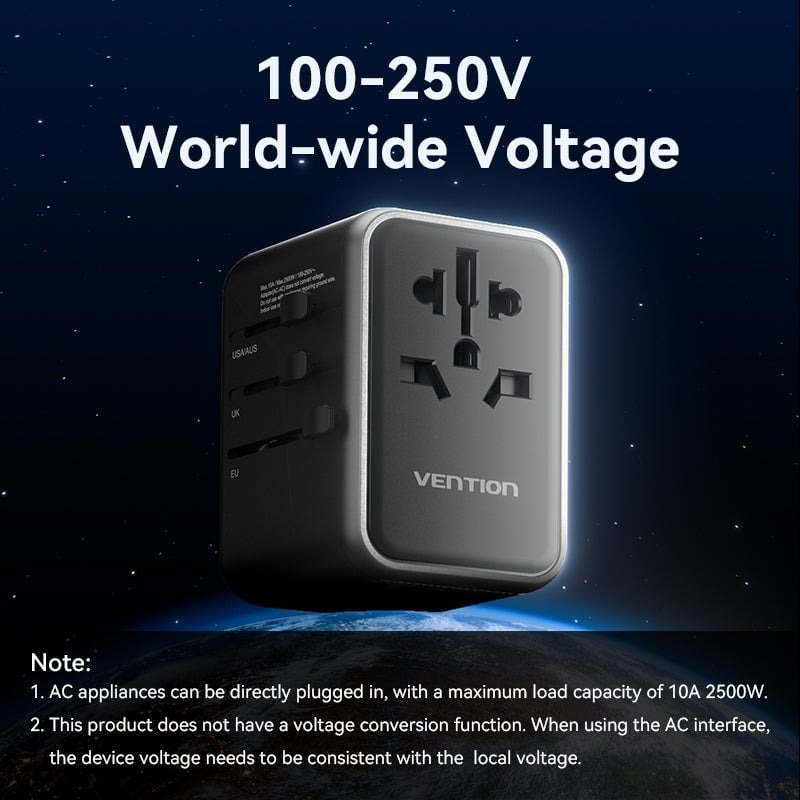 Củ sạc du lịch Vention 4 cổng sạc C+C+A+A GaN 65W Universal Travel Adapter