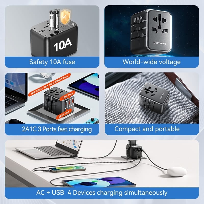 Củ sạc du lịch Vention 3 cổng sạc C+A+A Universal Travel Adapter (20W/18W/18W)