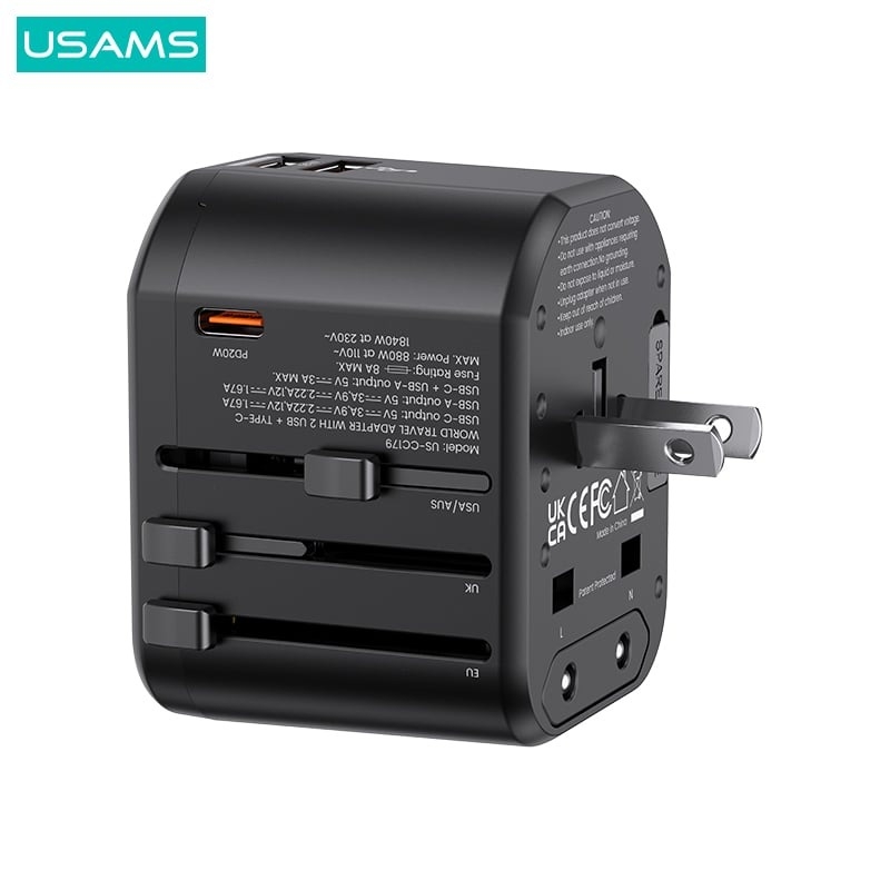 Củ sạc du lịch đa năng USAMS CC179 T59 20W Dual USB +Type-C Universal Travel Charger (US/AU/UK/EU) black ( CC179TC01 )