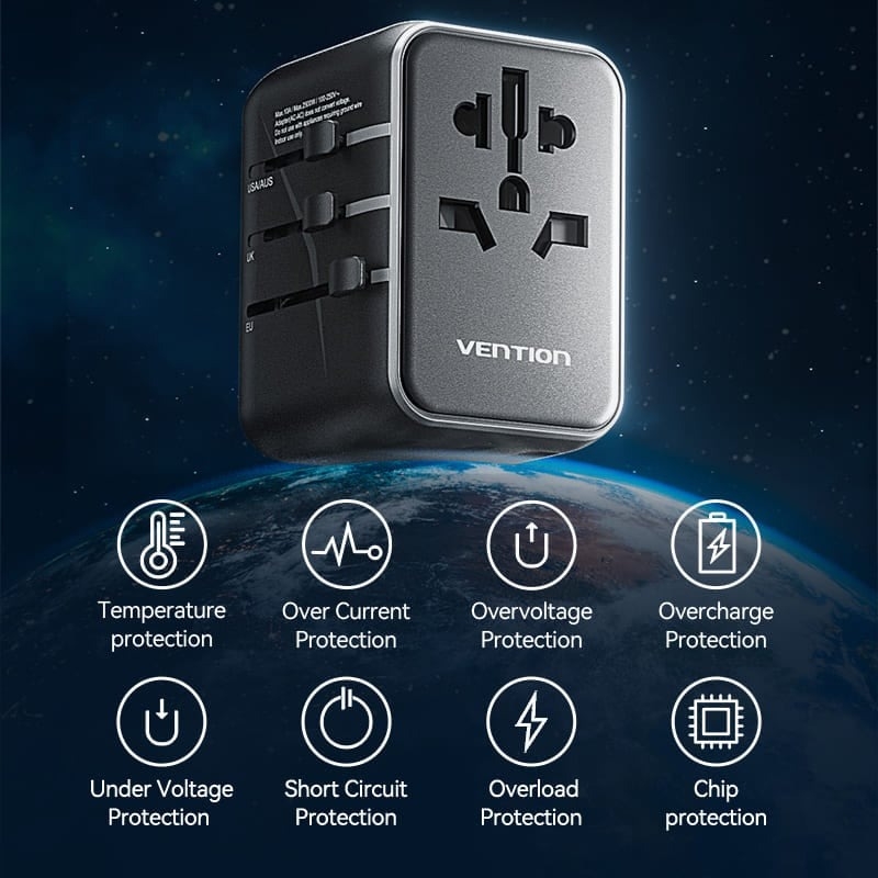 Củ sạc du lịch Vention 3 cổng sạc C+A+A Universal Travel Adapter (20W/18W/18W)