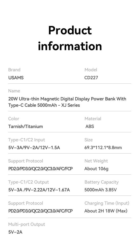 Pin sạc dự phòng USAMS CD227 20W Ultra-thin Magnetic Digital Display Power Bank With Type-C Cable - XJ Series 5000mAh