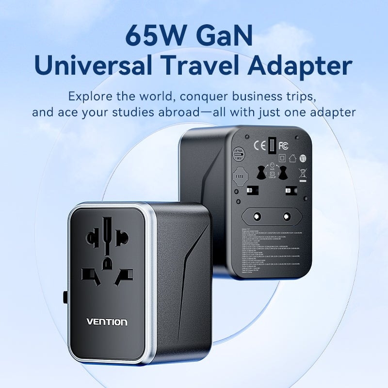 Củ sạc du lịch Vention 4 cổng sạc C+C+A+A GaN 65W Universal Travel Adapter