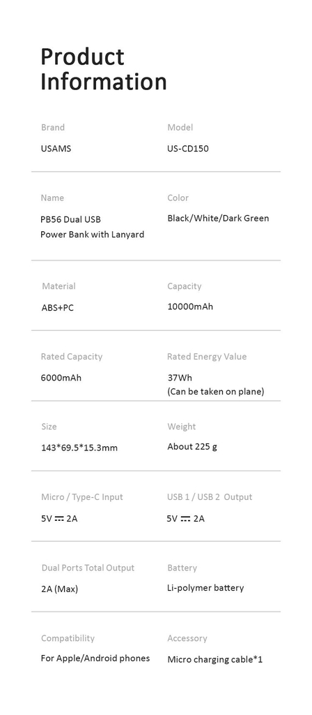 Pin Dự Phòng USAMS CD150 10000mAh 10W (Dual Input, Dual USB, Kèm Dây Đeo)