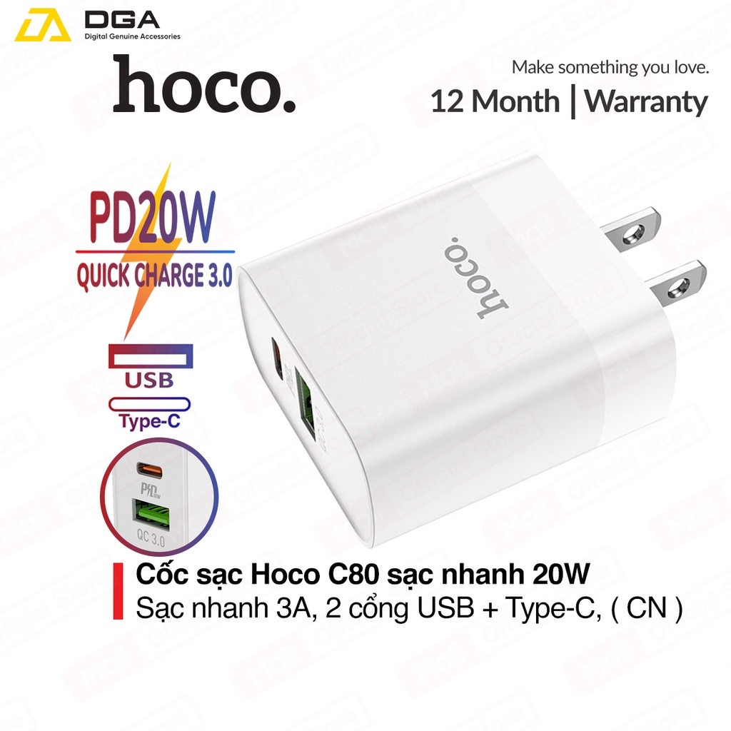 Sạc nhanh 18W HOCO C80 PD+ QC3.0 2 đầu chia USB và Type C