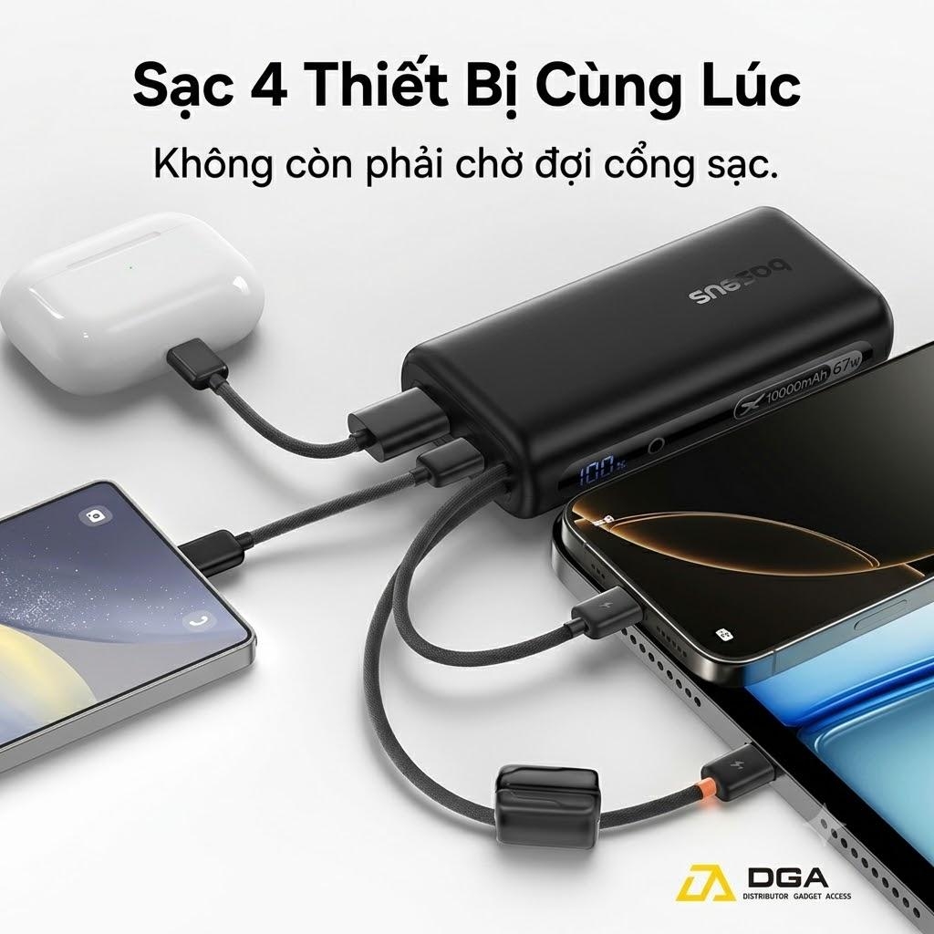 Pin Dự Phòng Baseus EnerFill FC41 10000mAh 67W (Digital Display, with Dual Built-in USB-C Cables, 1*Type-C + 1*USB-A port)