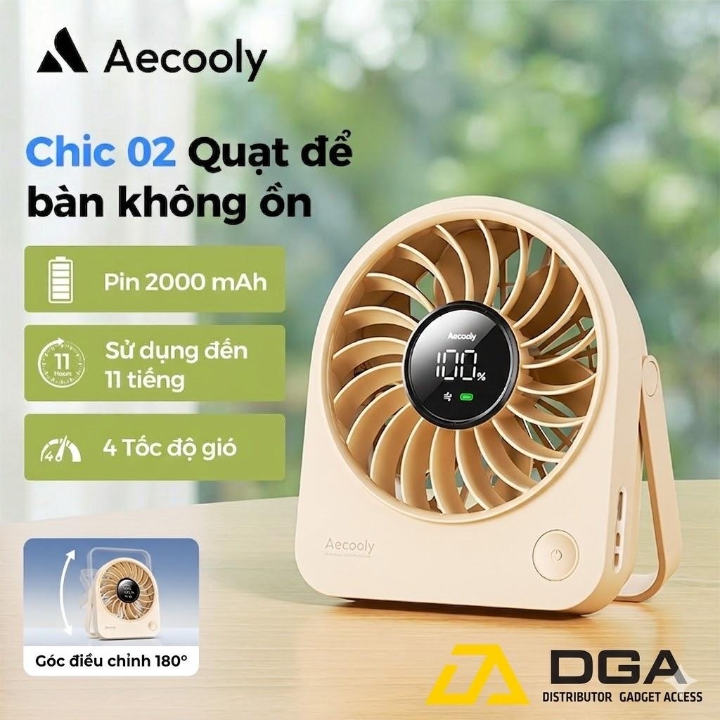 Quạt Để Bàn Cầm Tay Mini AECOOLY Chic 02 TE01 Pin 2000mAh Chạy Đến 11 Giờ 4 Tốc Độ Gió Siêu Mát Tiện Lợi