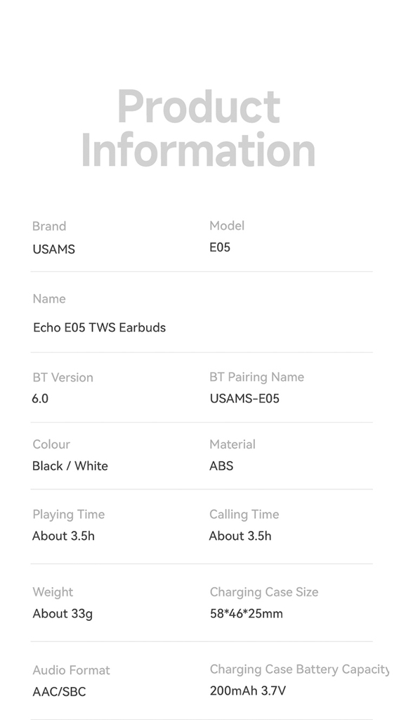 Tai Nghe Bluetooth TWS USAMS Echo E05 (Bluetooth v6.0, 3.5H, 3D Surround Stereo Sound, Low latency)