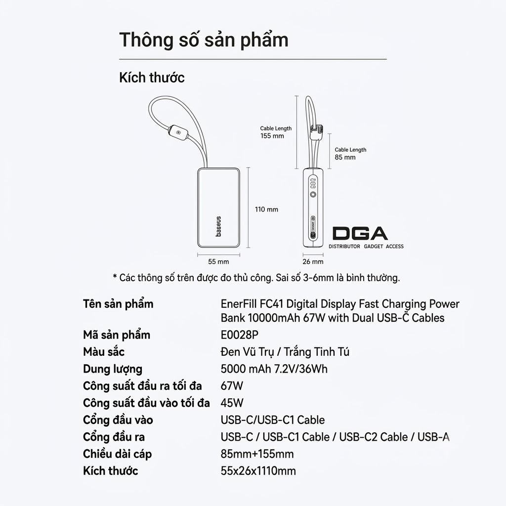 Pin Dự Phòng Baseus EnerFill FC41 10000mAh 67W (Digital Display, with Dual Built-in USB-C Cables, 1*Type-C + 1*USB-A port)
