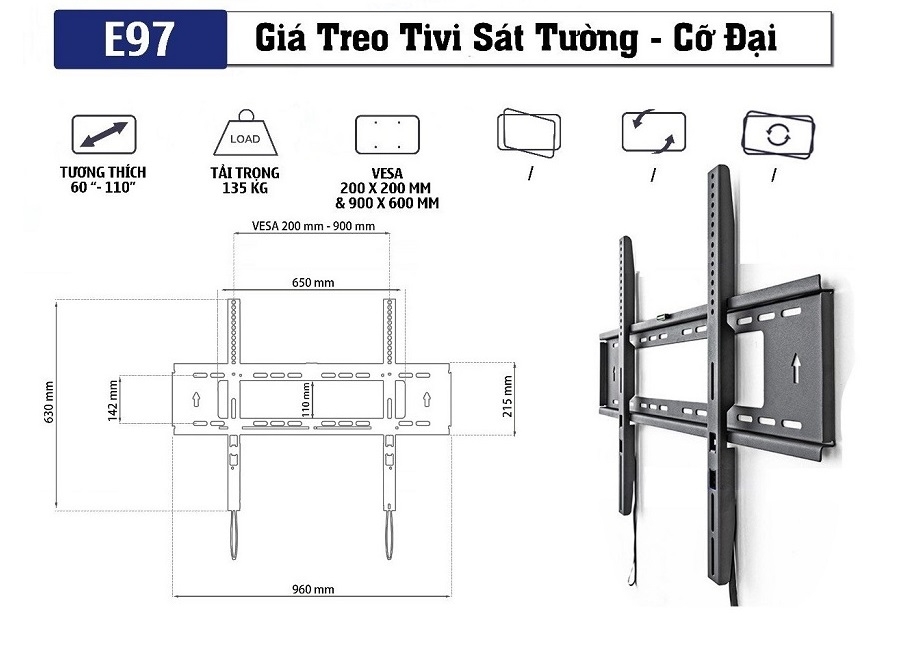 Giá treo tivi sát tường cỡ đại E97 (60