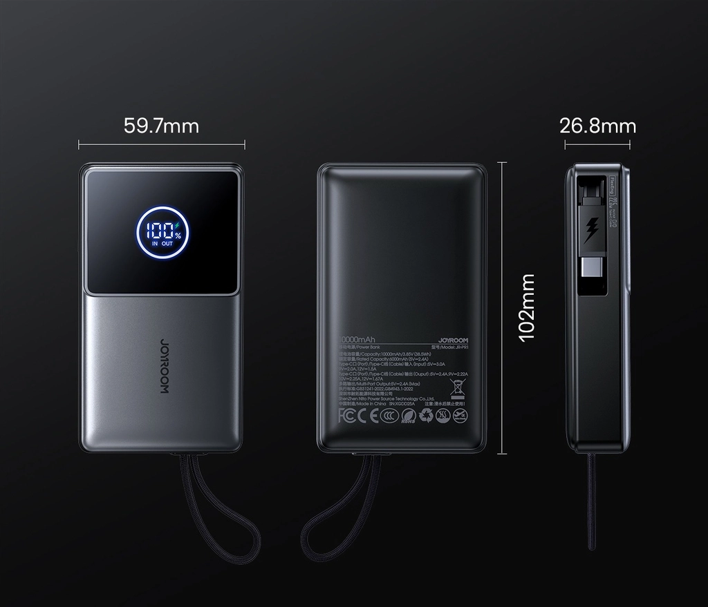 Sạc dự phòng Joyroom PR1 sạc nhanh 22.5W dung lượng 10000mAh tích hợp dây sạc rút di động gọn nhẹ