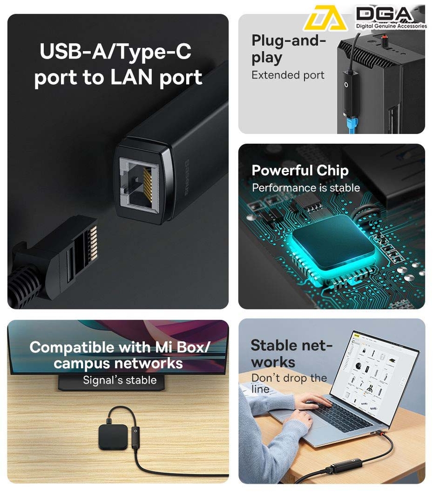 Hub Chuyển Đổi Kết Nối Baseus Lite Series Ethernet Adapter Type C to RJ45 LAN Port