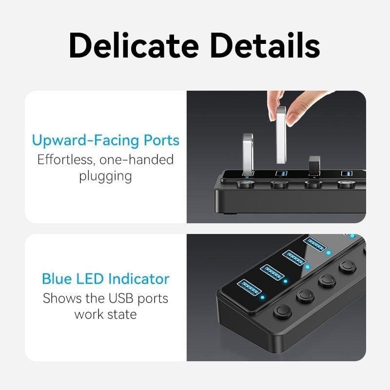 HUB chia cổng USB3.0 tốc độ cao Vention USB B 3.0 to USB 3.0 x7-Port Hub - CHX (5Gbps USB3.0, bât/tắt nguồn riêng cho từng Port)