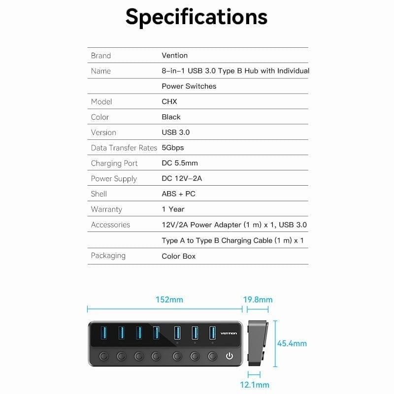 HUB chia cổng USB3.0 tốc độ cao Vention USB B 3.0 to USB 3.0 x7-Port Hub - CHX (5Gbps USB3.0, bât/tắt nguồn riêng cho từng Port)